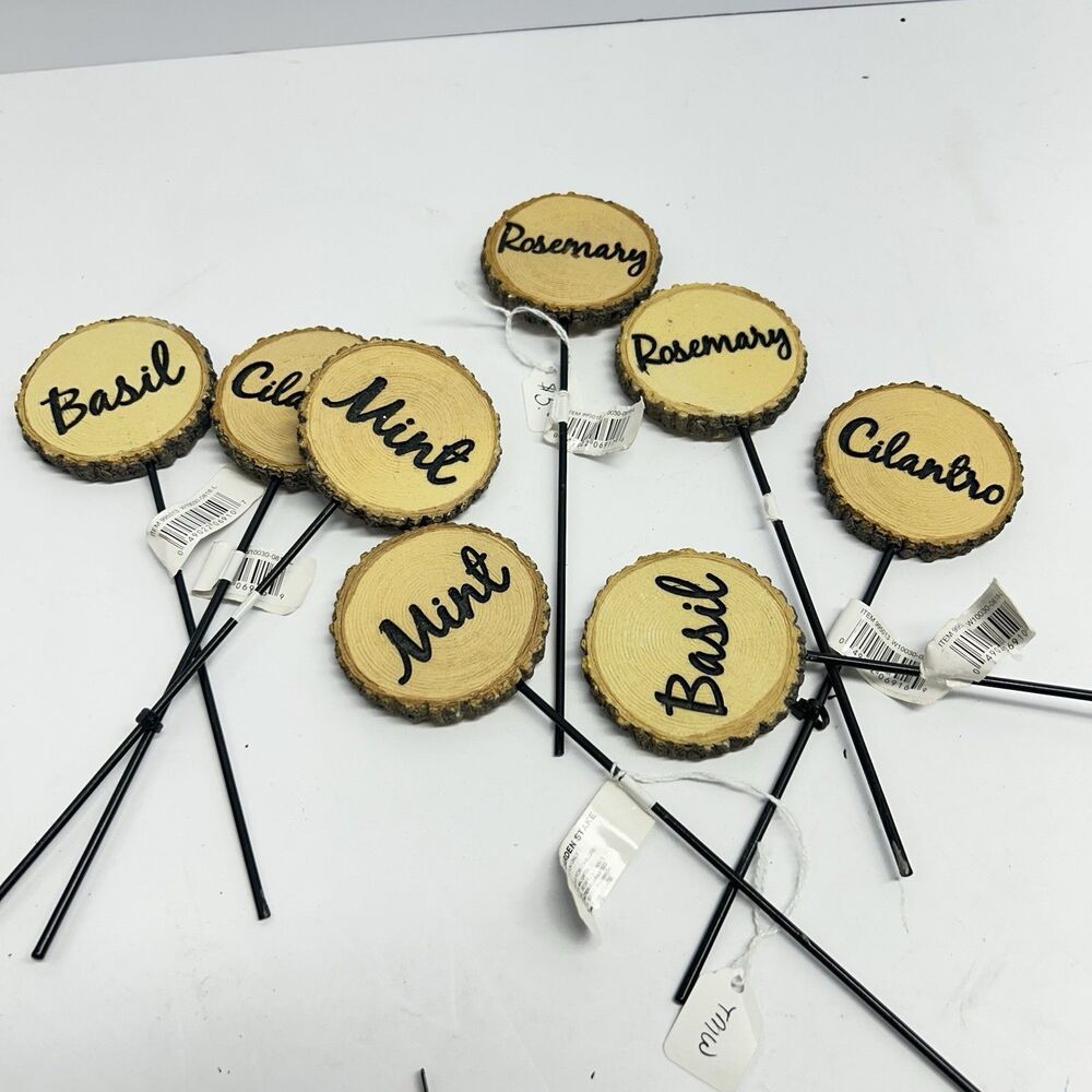 Set of 8 Faux Live Edge Wood Slice Herb Garden Markers Stakes